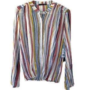 Black Tape Striped Button Front‎ Drawstring Waist Blouse  Size Small